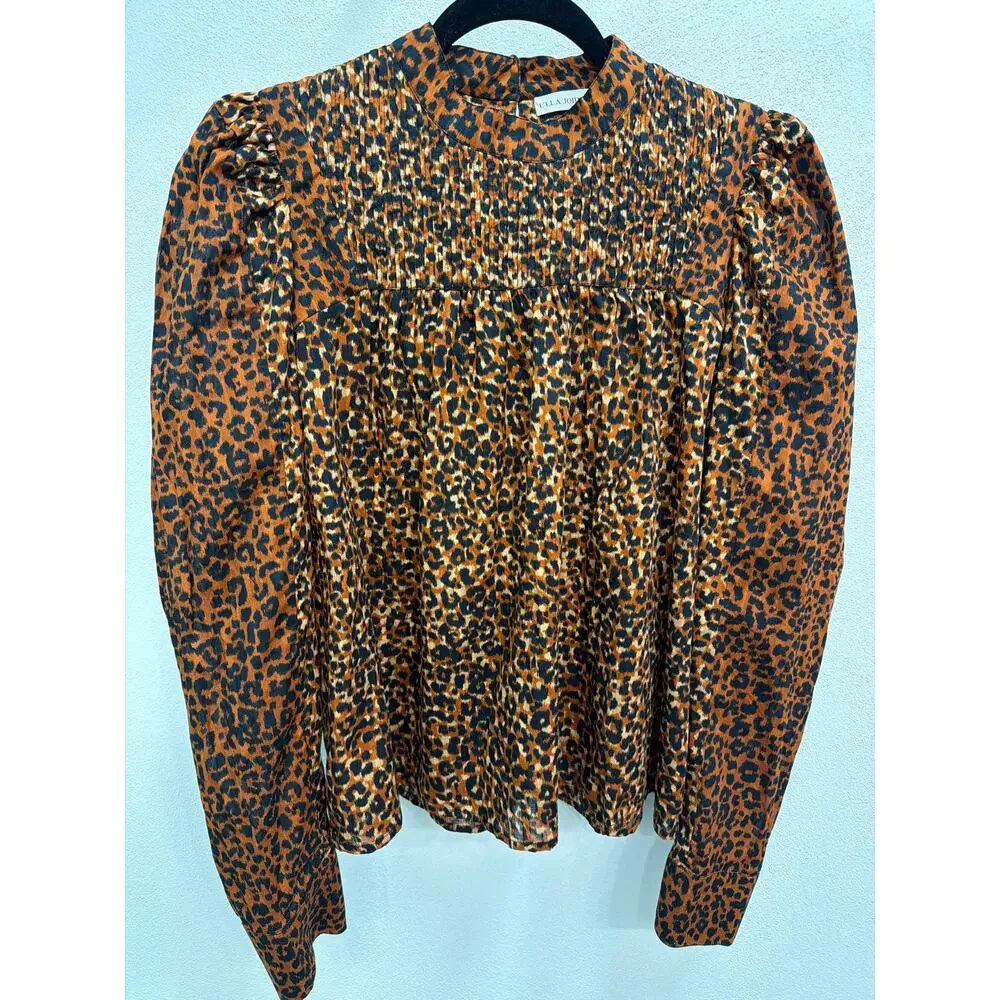 Ulla Johnson Vesna Leopard Print Blouse Brown Black  Long Sleeve Cotton Size 6